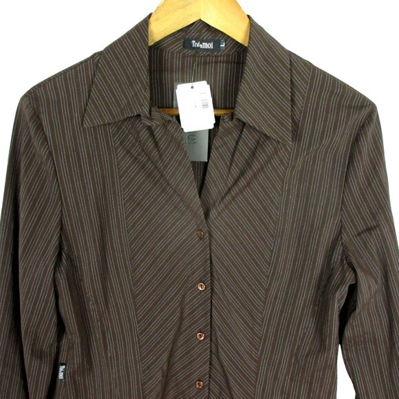 Toi & Moi Blouse Fitted Brown Button Down Pinstripe French Cuff Size L NWT $58 - Picture 2 of 7